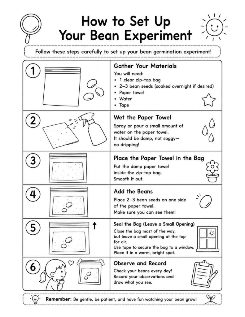 Black-and-white step-by-step bean germination experiment guide showing students how to gather materials, dampen a paper towel, place it in a clear zip-top bag, add bean seeds, leave a small opening for air, tape the bag near a bright window, and record daily observations.