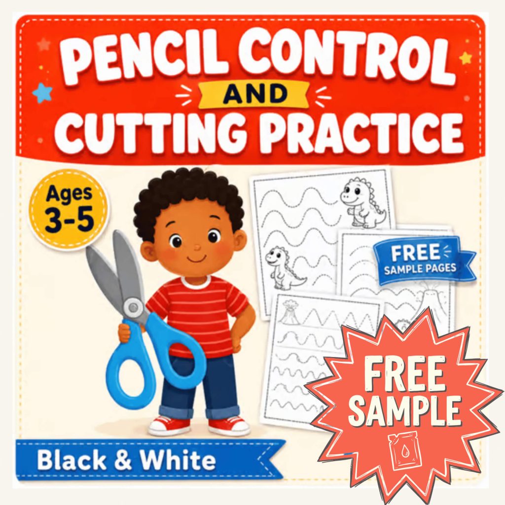 Preschool pencil control and cutting practice workbook with line tracing worksheets for ages 3–5. 120 pages