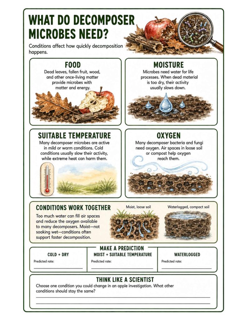 Science worksheet explaining that decomposer microbes need food, moisture, a suitable temperature, and oxygen, with soil-condition examples and a prediction activity.