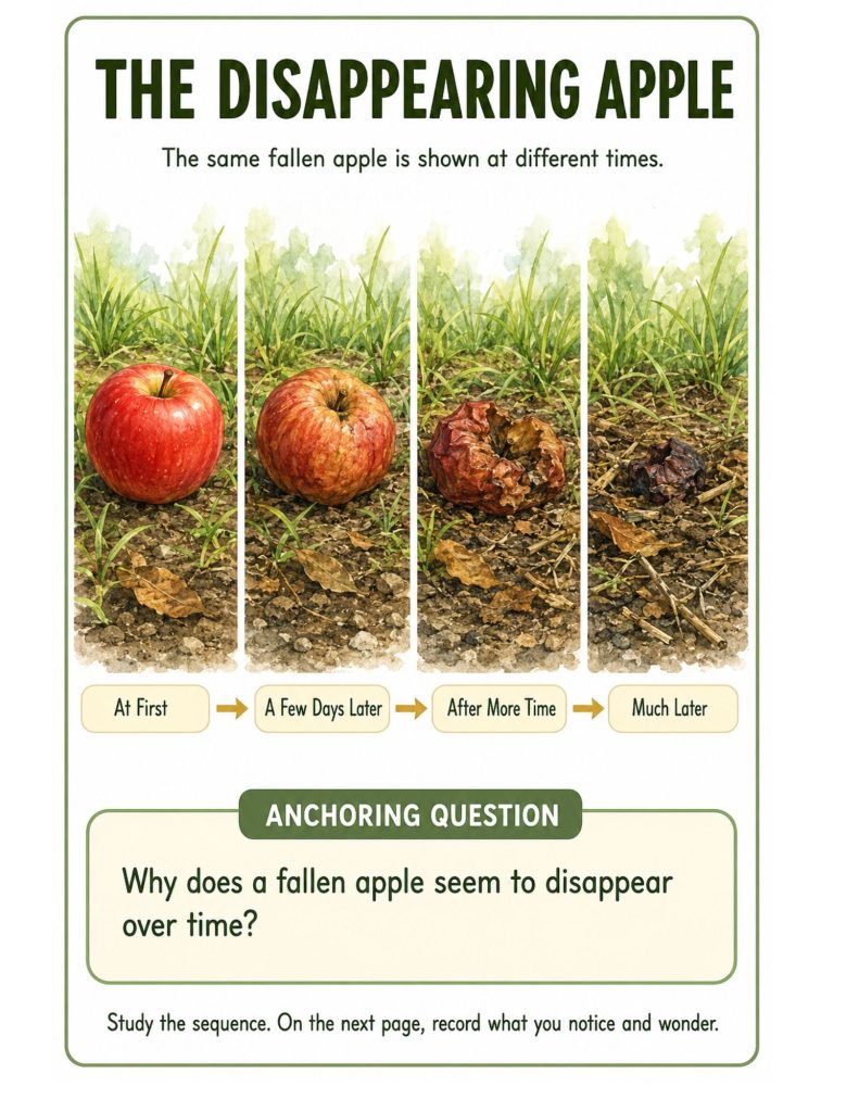 Four-stage sequence showing a fallen apple changing from fresh to mostly decomposed, with the question, “Why does a fallen apple seem to disappear over time?”
