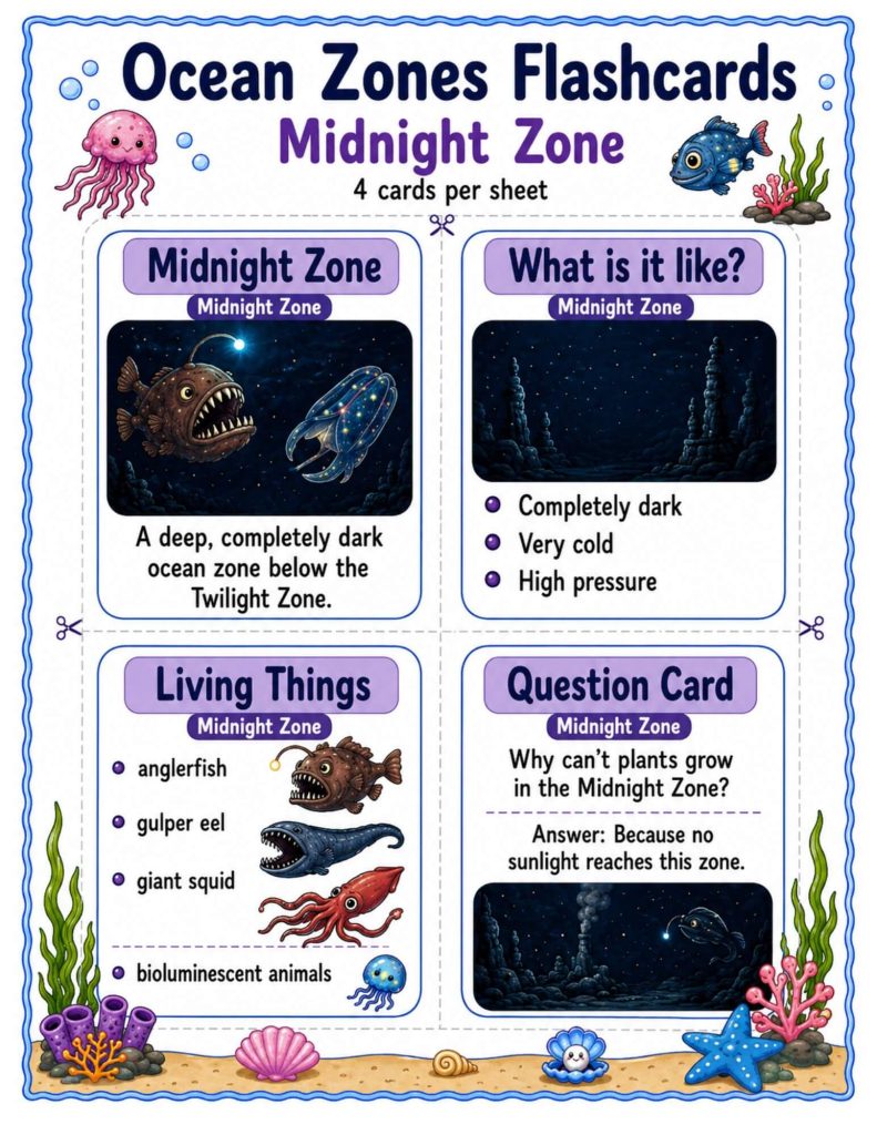 Midnight Zone science flashcards showing complete darkness, cold water, high pressure, bioluminescent animals, anglerfish, gulper eels, and giant squid.
