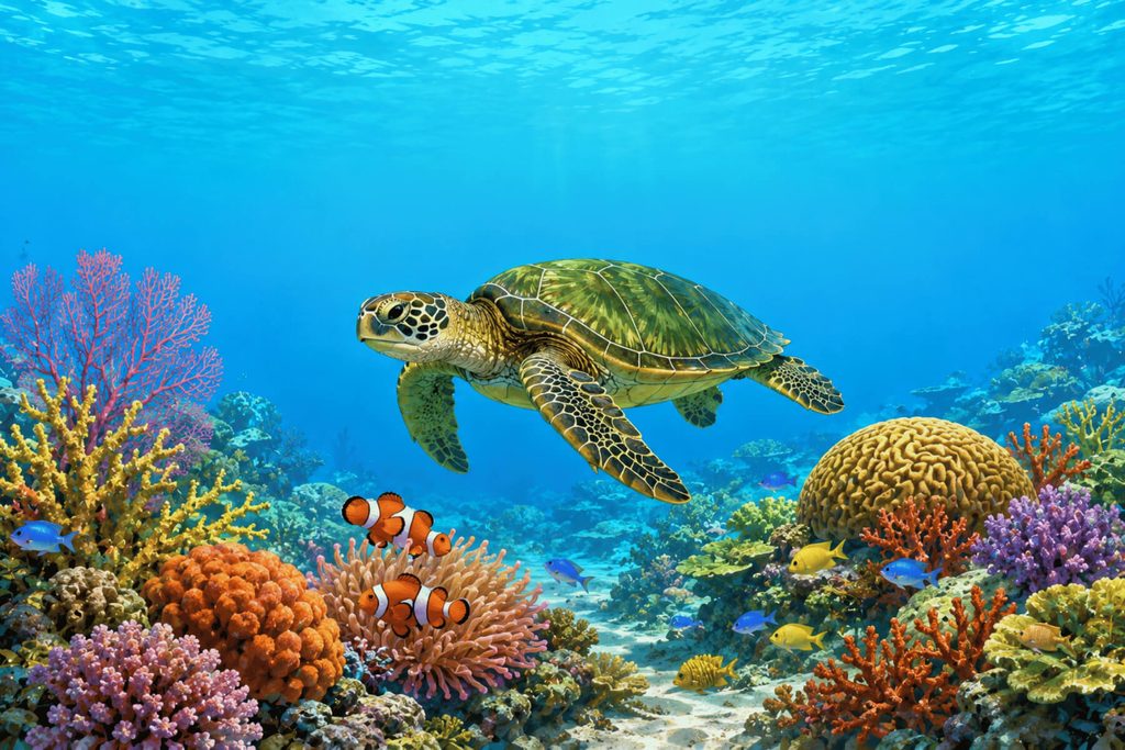 Detailed marine ecosystem illustration showing a coral reef, sea turtle, and tropical fish for ocean habitat lesson plans.