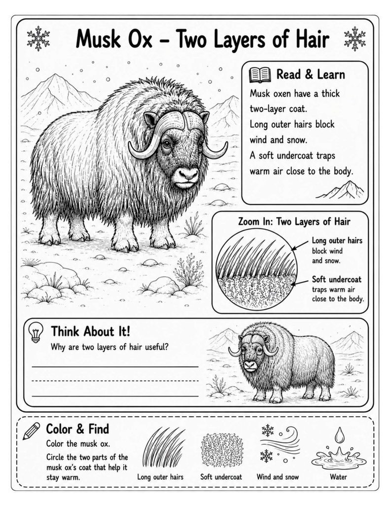 Musk ox adaptation science worksheet detailing polar fur layers, featuring a musk ox illustration and a zoom-in diagram of the double-layer coat. -polar animal adaptations polar animals for kids NGSS 4-LS1-1