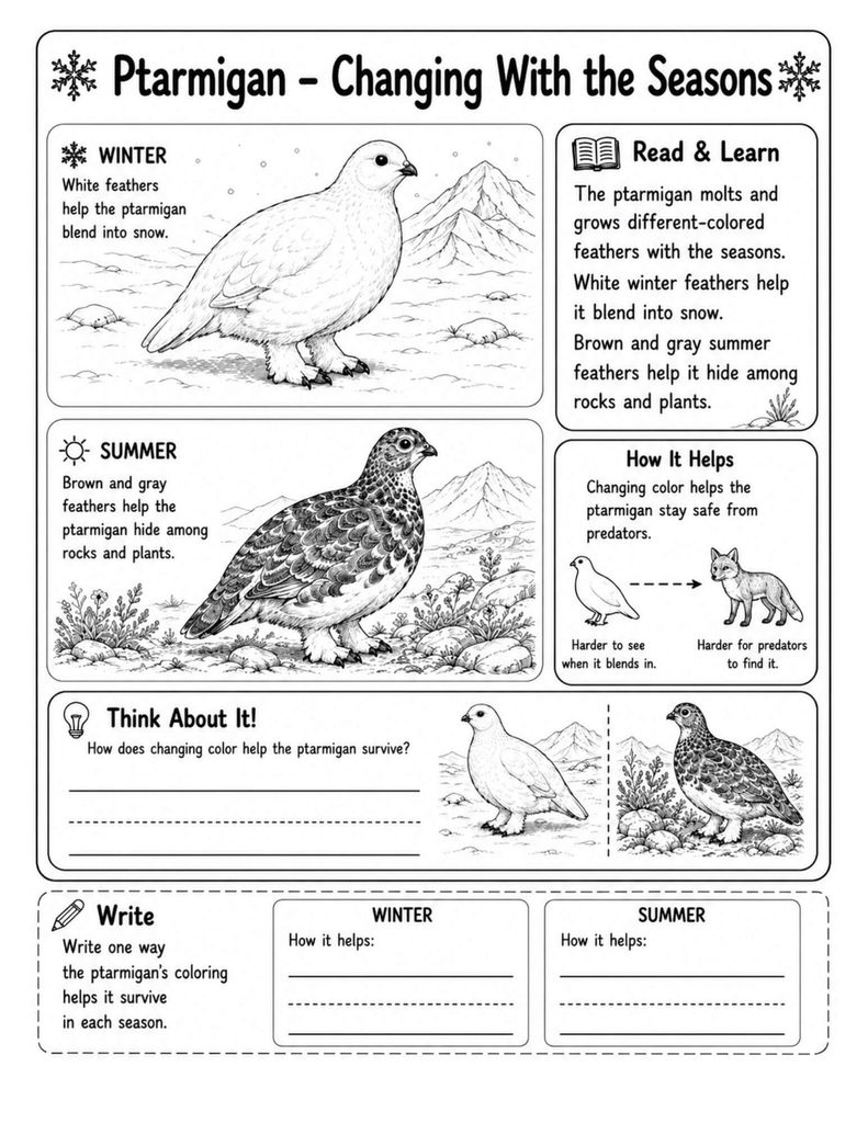 Ptarmigan seasonal camouflage worksheet showing white winter feathers and brown-gray summer feathers for survival in changing Arctic habitats. NGSS 4-LS1-1