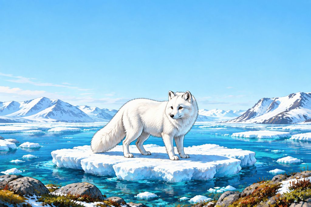 Scientific illustration of an Arctic tundra habitat featuring an Arctic fox on ice, designed as an educational cover for polar ecosystems.