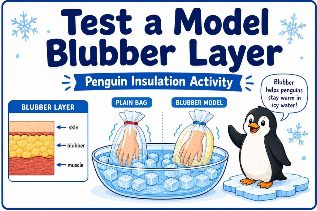 The resource introduces blubber as a thick layer of fat under the skin and includes a diagram showing the basic layers of skin, blubber, and muscle.