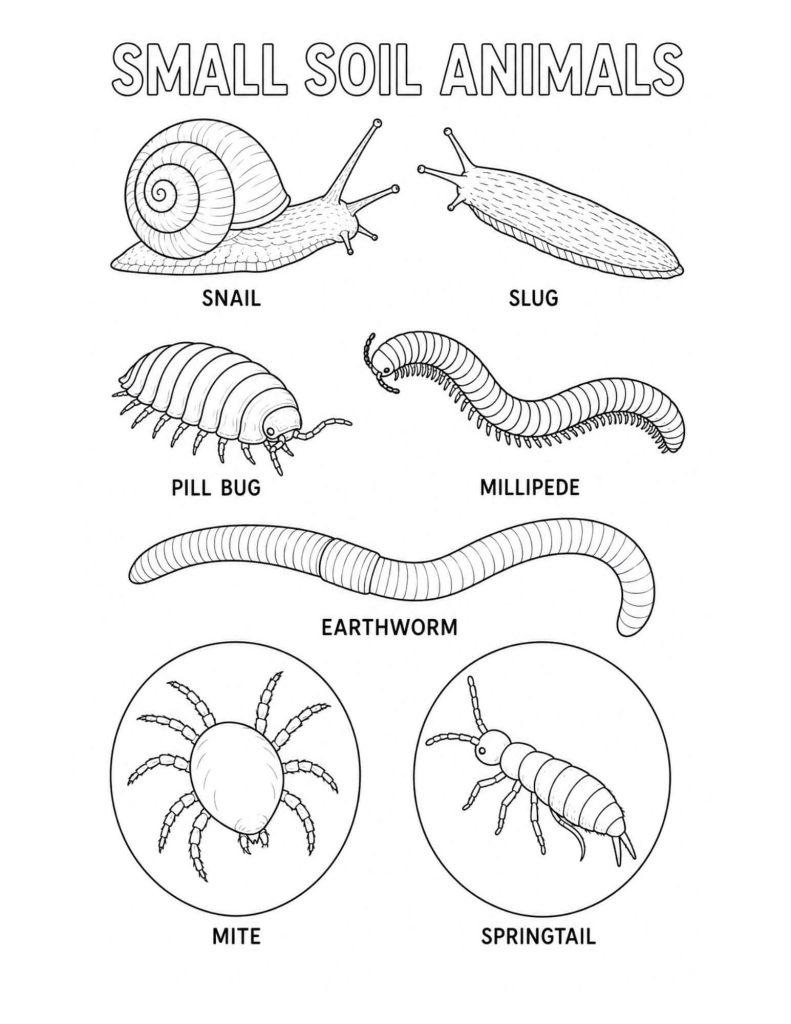 soil animals coloring pages - Small soil animals coloring and vocabulary page showing a snail, slug, pill bug, millipede, earthworm, mite, and springtail.