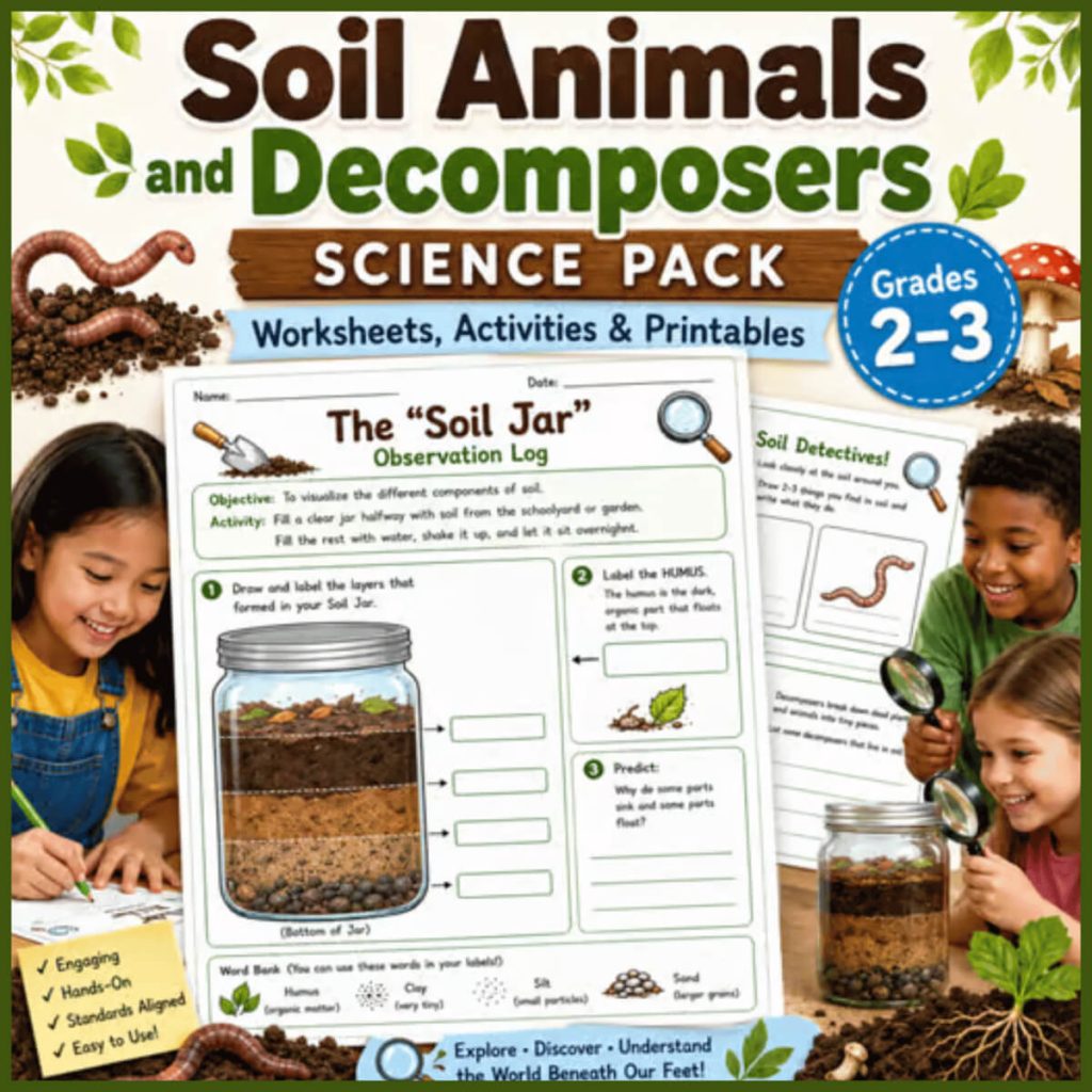 Soil Jar Observation Log worksheet for labeling sand, silt, clay, and floating organic matter after a soil experiment.
