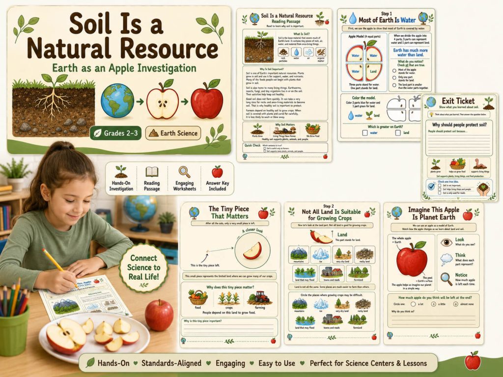 Earth as an apple worksheet showing three parts water and one part land, with a coloring activity to compare Earth’s water and land.