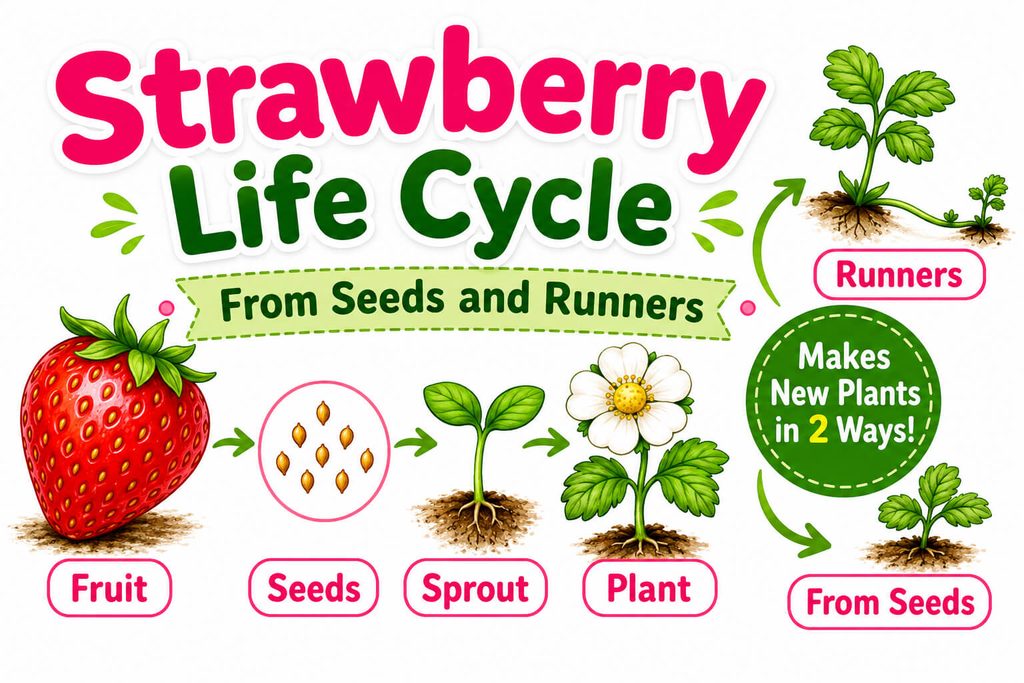 Strawberry life cycle for kids showing fruit, seeds, sprout, plant, flowers, and runners
