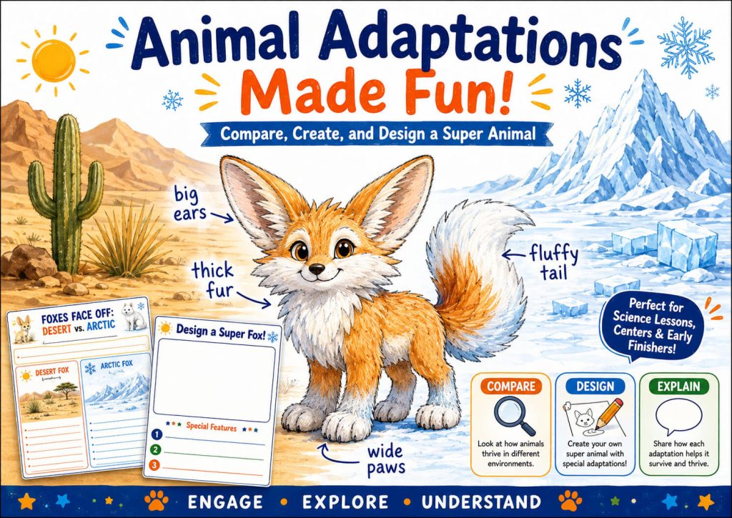 Animal adaptations classroom activity featuring a “Super Fox” with big ears, thick fur, wide paws, and a fluffy tail, shown between desert and Arctic habitats with compare, design, and explain learning steps.