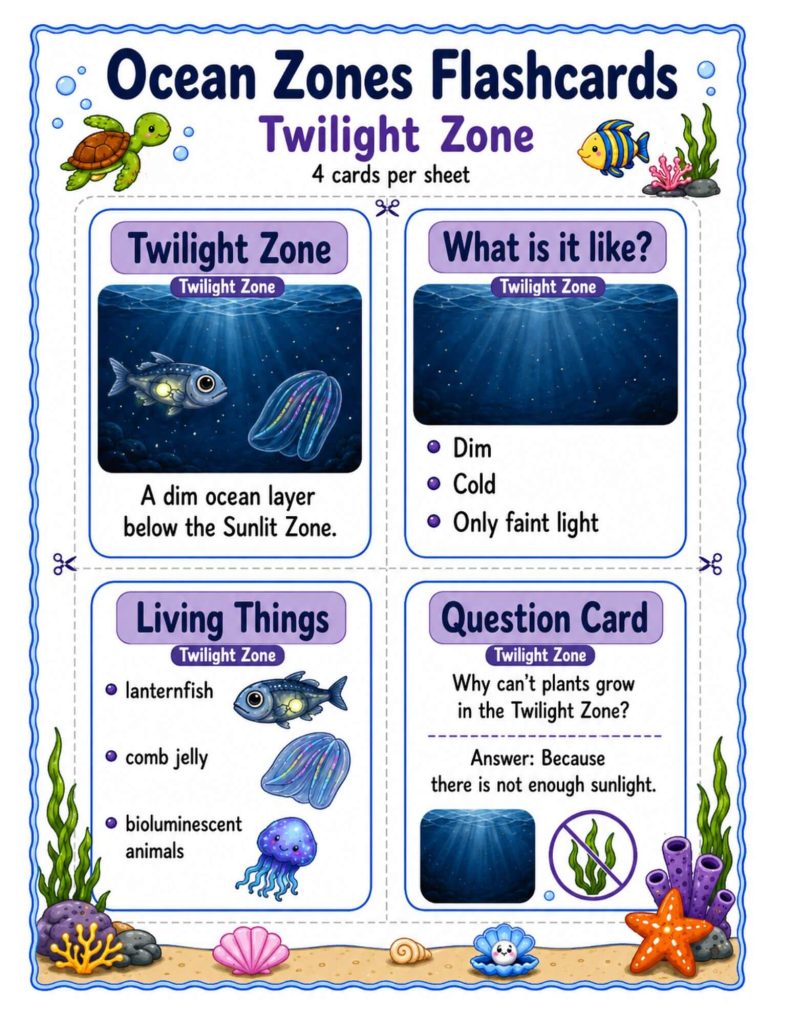 Twilight Zone science flashcards showing dim, cold water with faint light, lanternfish, comb jellies, and other bioluminescent ocean animals.
