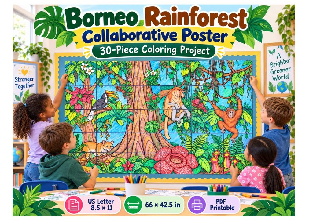 Borneo rainforest animal coloring pages featuring hornbill, proboscis monkey, orangutan and rainforest plants