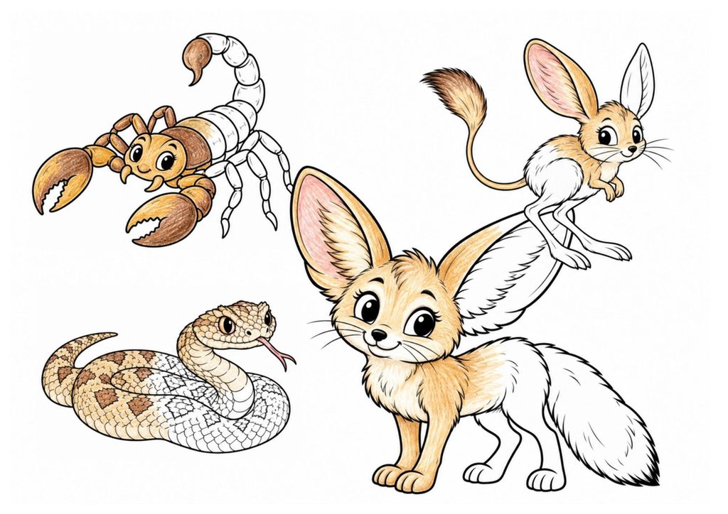 Sahara desert animals coloring page with fennec fox, jerboa, sand viper, and scorpion partially colored with colored pencils for Grades 2–3.