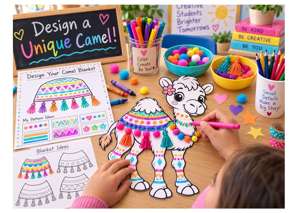 Child designing a colorful camel for a Sahara desert collaborative art project using markers, pom-poms, tassels, and a camel blanket planning worksheet.