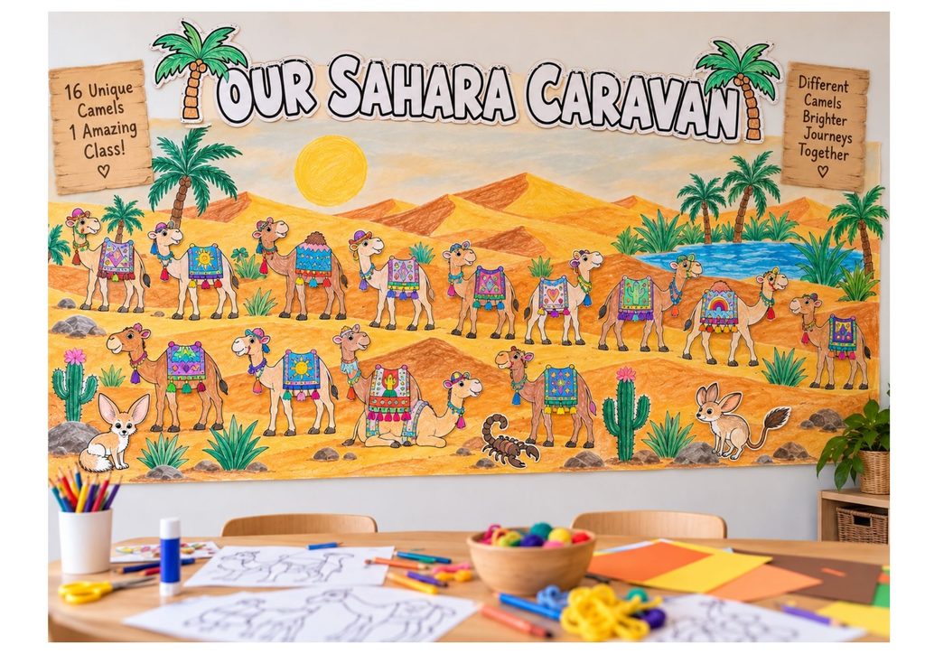 Our Sahara Caravan collaborative classroom display with colorful student-designed camels, desert dunes, palm trees, oasis, fennec fox, jerboa, and scorpion for Grades 2–3.
