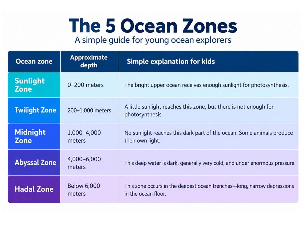 Five ocean zones chart for kids showing depths and light conditions in the sunlight, twilight, midnight, abyssal, and hadal zones.
