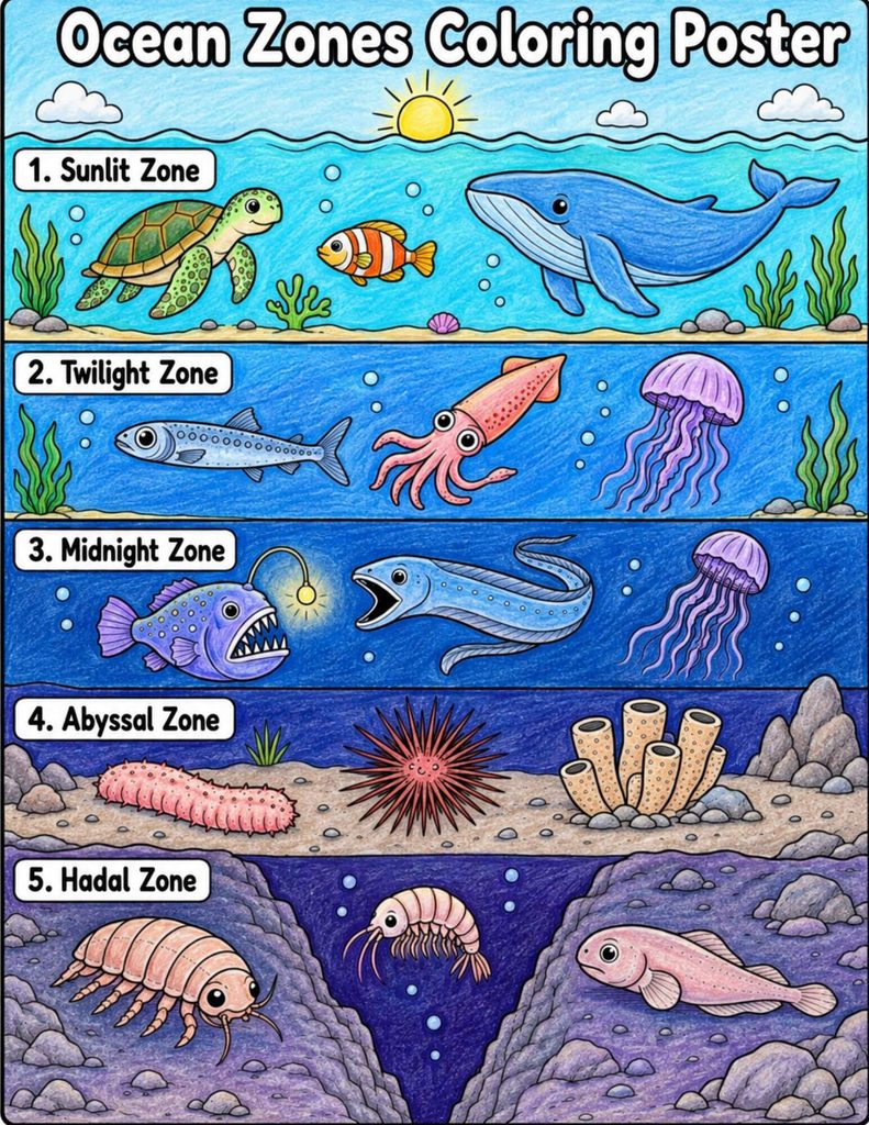 Ocean zones coloring poster shaded with colored pencils, showing marine animals in five ocean layers from the sunlit surface to the hadal trench.

