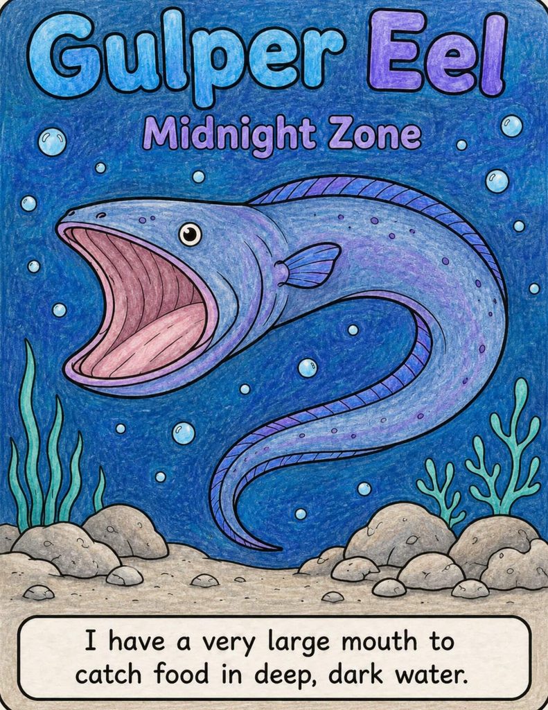 Gulper eel coloring page shaded with colored pencils, showing its large open mouth in the midnight zone with a simple feeding fact.
