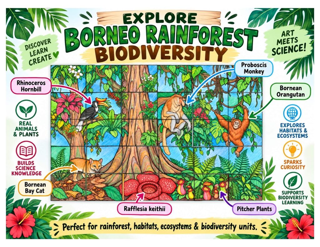 Borneo rainforest animals and plants including orangutan, proboscis monkey, hornbill, rafflesia and pitcher plants
