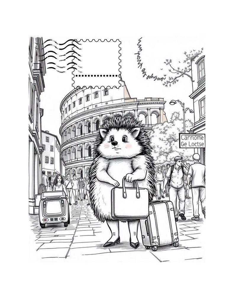 Colosseum coloring page for kids featuring a traveling hedgehog with luggage in Rome, Italy, for a world landmarks geography activity.