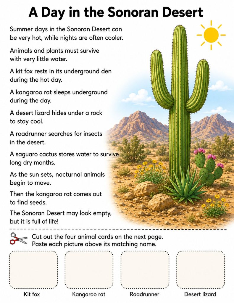 Sonoran Desert reading page with a saguaro cactus, mountains, rocks, and wildflowers