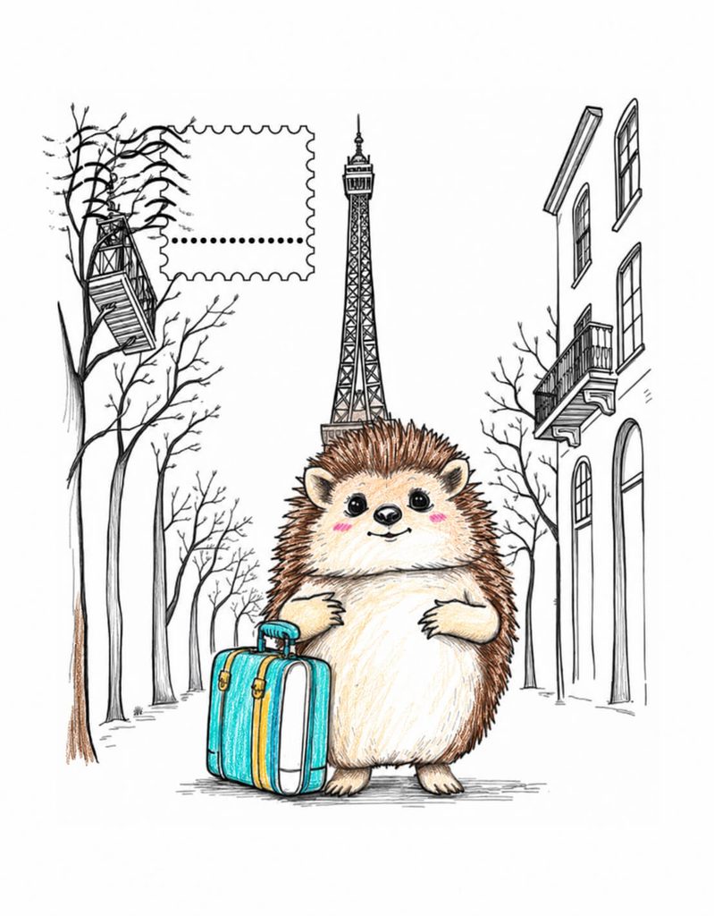 Eiffel Tower coloring page for kids featuring a hedgehog with a suitcase in Paris, partially colored with pencils for a world landmarks geography activity.