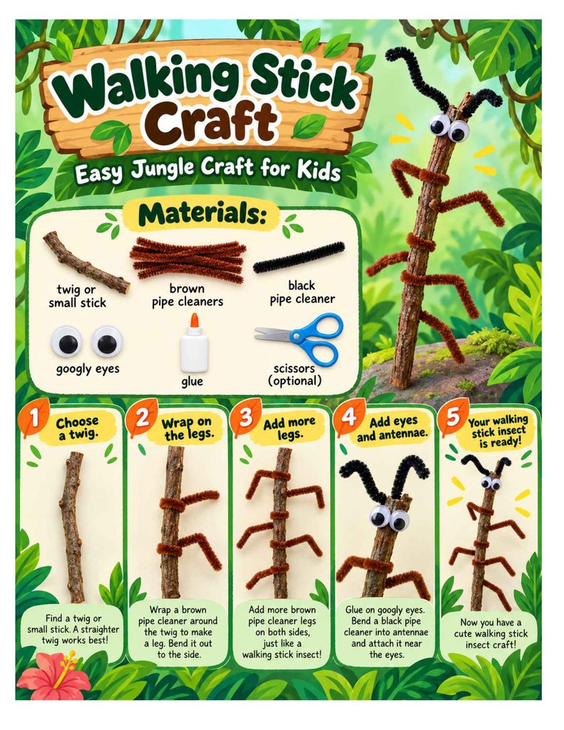 Borneo rainforest walking stick insect craft for kids using a twig, pipe cleaners, and googly eyes to explore camouflage and animal adaptations.