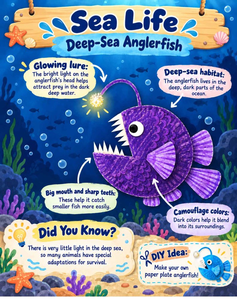 Deep-sea anglerfish infographic for kids explaining its glowing lure, sharp teeth, camouflage, habitat, and a simple anglerfish craft activity.
