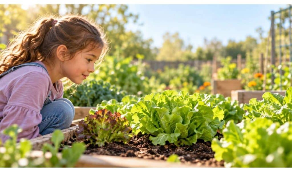 Ehhez a hero képhez ezt az angol alt textet javaslom:
A child observes green lettuce growing in a raised garden bed in a sunny school garden.