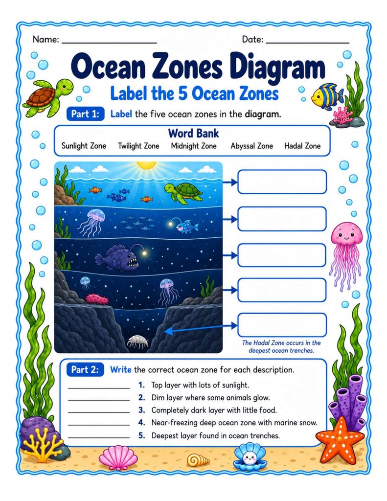 Ocean zones worksheet with a word bank, a diagram for labeling the five zones from sunlight to hadal, and habitat description questions.