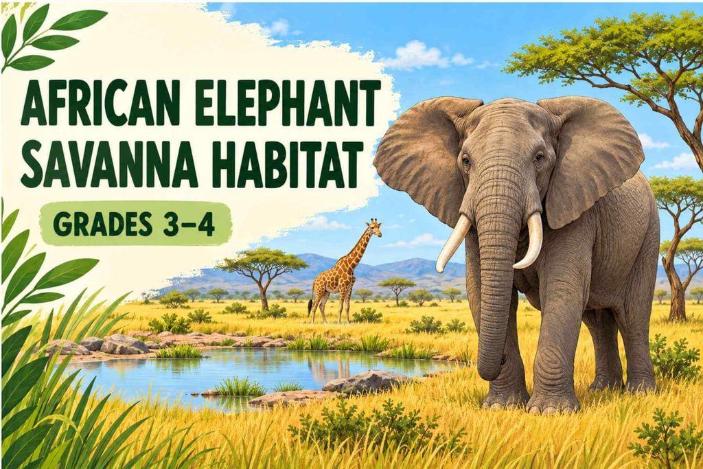 Illustrated African elephant and giraffe in a savanna landscape for a Grades 3–4 science activity.