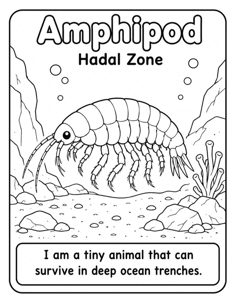 Amphipod coloring page for kids showing a hadal zone animal in a deep ocean trench, with a simple fact about its habitat.

