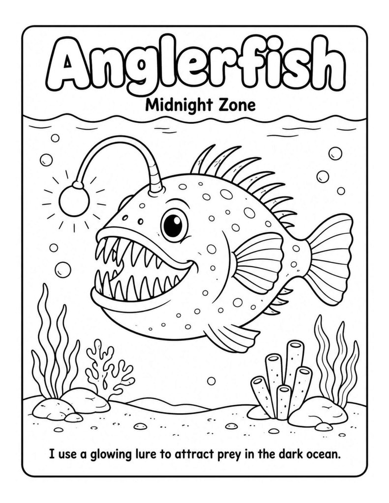 Anglerfish coloring page for kids showing a midnight zone fish with a glowing lure and a simple fact about how it attracts prey.
