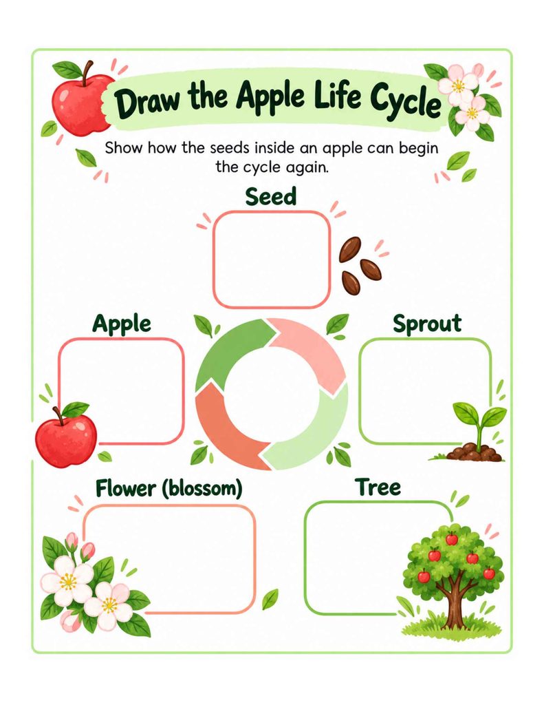 Apple life cycle drawing worksheet for kids with spaces to illustrate the seed, sprout, tree, flower, and apple stages.