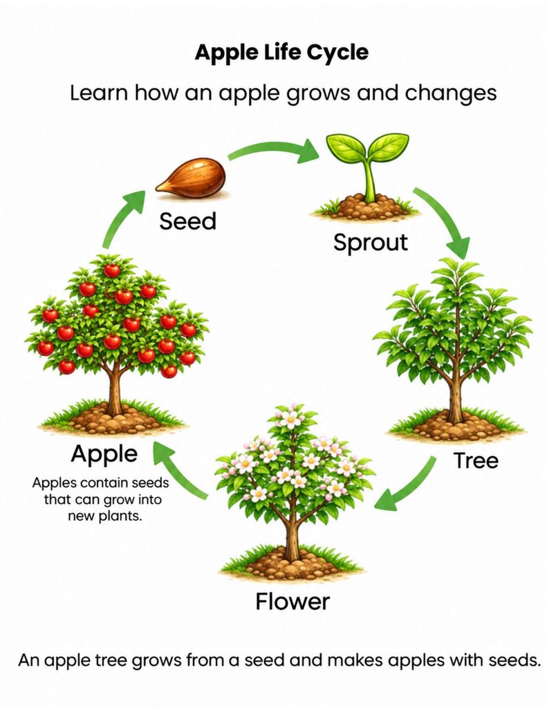 Apple life cycle diagram for kids showing the stages seed, sprout, tree, flower, and apple in a circular sequence.