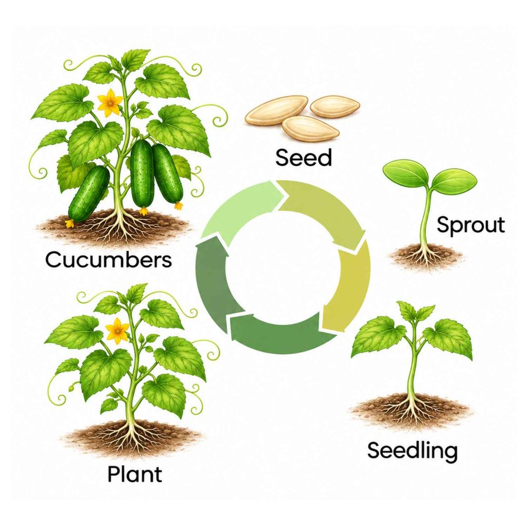 An infographic demonstrating the cucumber plant life cycle. The cycle follows a circular arrow diagram showing five stages: seeds (Seed), a young shoot with two leaves (Sprout), a small developing plant (Seedling), a flowering adult vine (Plant), and a mature plant bearing green cucumbers (Cucumbers).