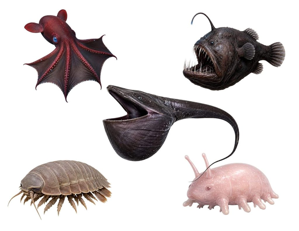 Deep-sea animal clipart featuring a vampire squid, anglerfish, gulper eel, giant isopod, and sea pig on a white background.