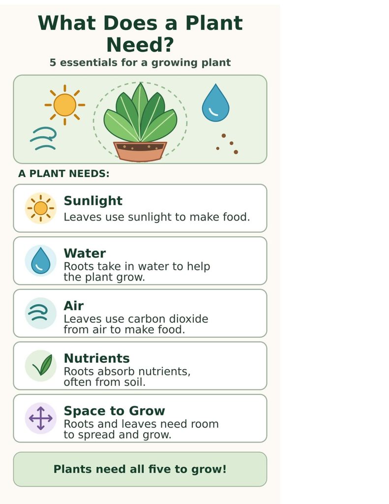 Illustrated plant needs infographic for kids, showing sunlight, water, air, nutrients, and space to grow.