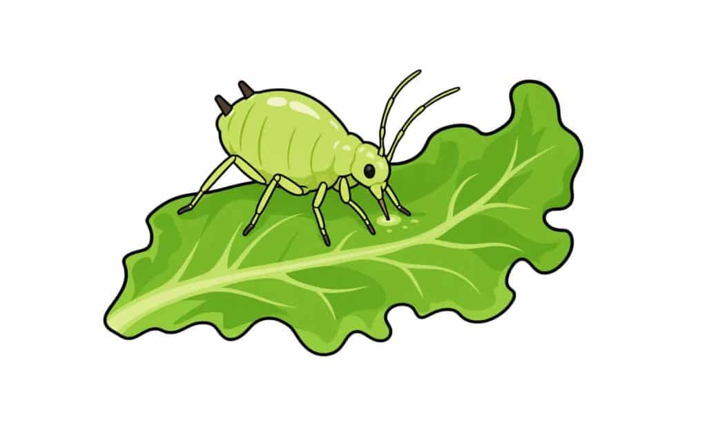 Illustration of a green aphid feeding on a lettuce leaf.