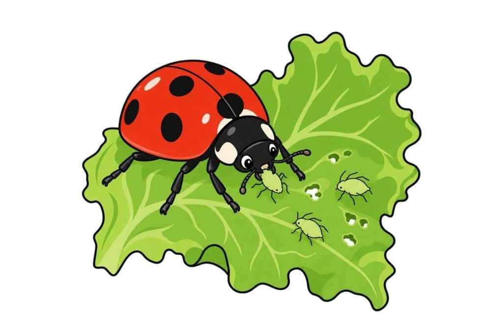 Illustration of a red lady beetle eating aphids on a green lettuce leaf.