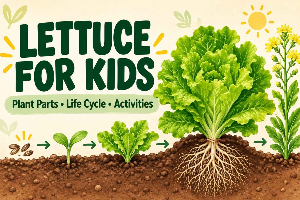 Illustrated lettuce life cycle for kids, showing seeds, seedlings, a mature lettuce plant with roots, and yellow flowers.