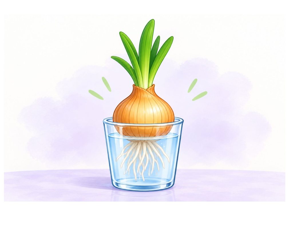 Onion growth experiment for kids with onion bulb growing roots in water