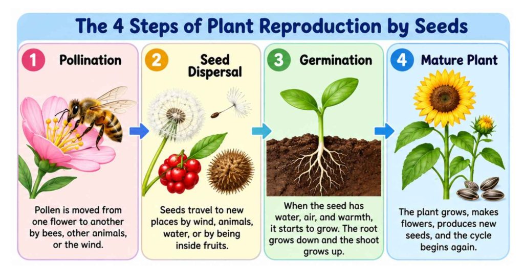 Plant reproduction by seeds showing a seed, germination, seedling, flowering plant, and new seeds.