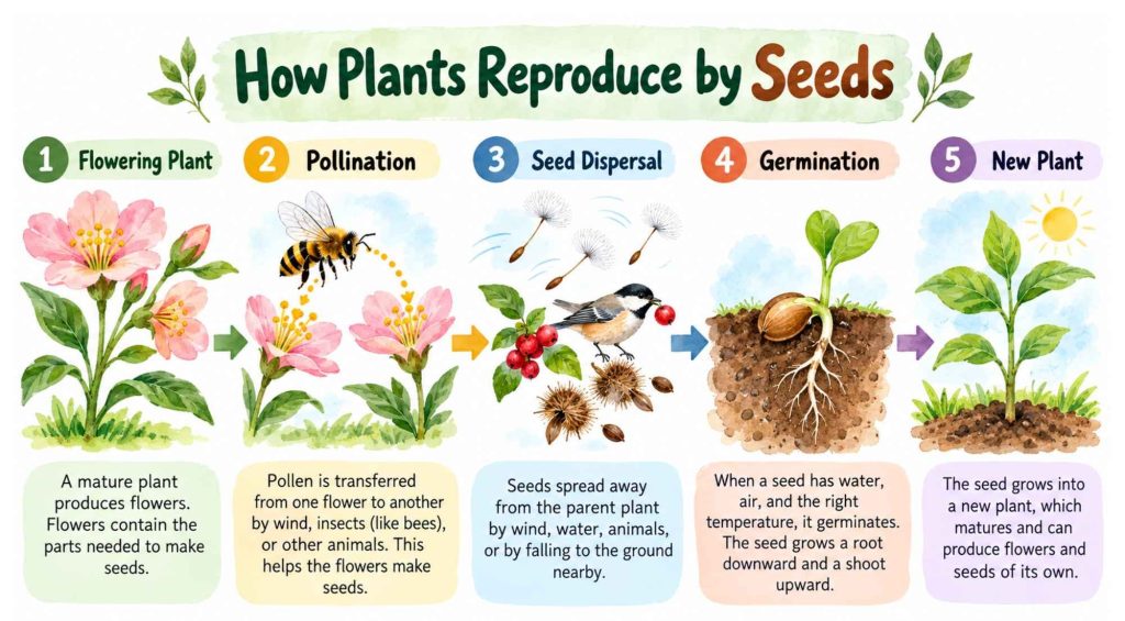 Seed dispersal image:
Examples of seed dispersal by wind, animals, and fruit.