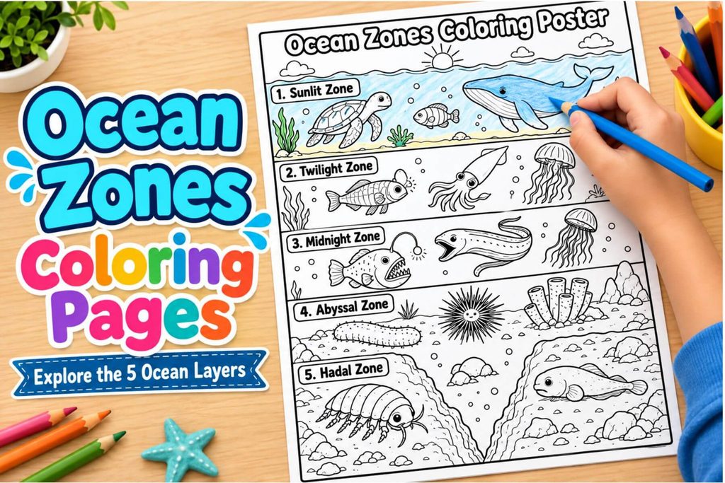 Ocean zones coloring pages for kids, featuring a hand coloring a whale on a poster showing five ocean layers and marine animals.
