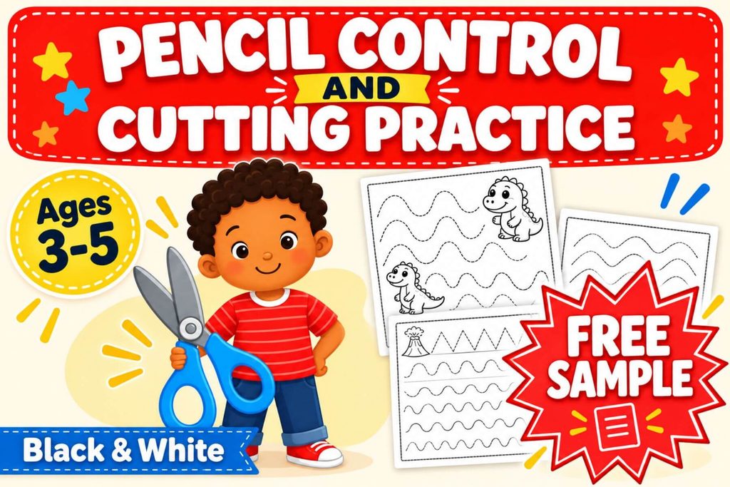 Pencil control and cutting practice worksheets for preschool ages 3–5 with tracing lines, fine motor activities, and printable black-and-white pages.