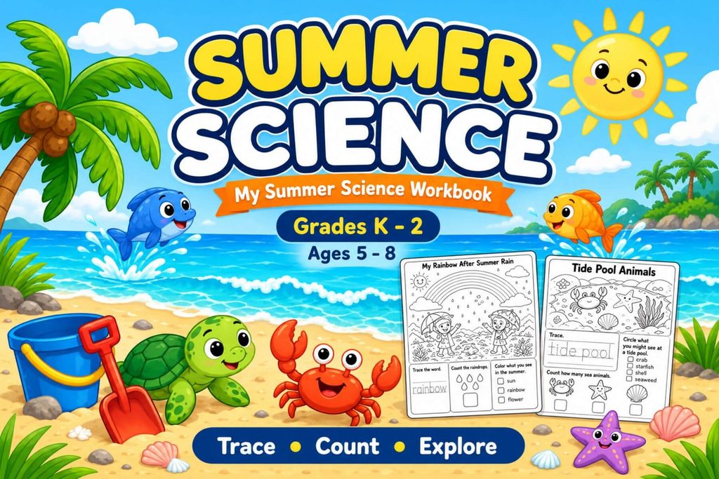 Summer science worksheets for kindergarten, first grade, and second grade with ocean animals, tide pools, tracing, counting, and printable summer activities.