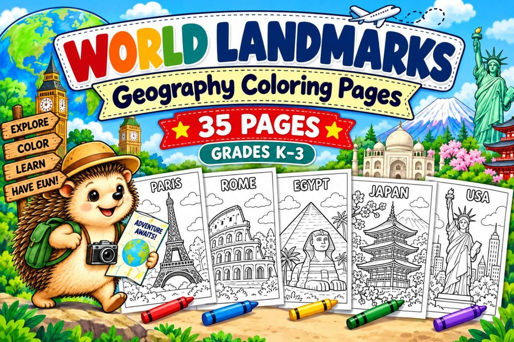 Geography coloring pages for kids with famous world landmarks and countries, printable social studies activities for kindergarten to grade 3.