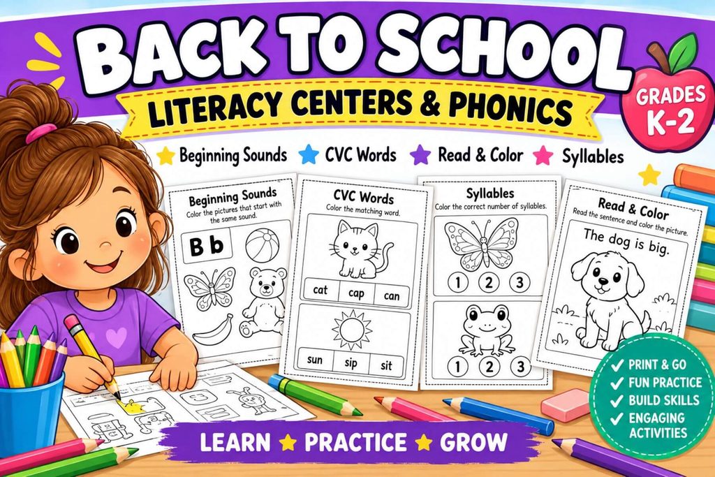 Back to school literacy centers and phonics worksheets for grades K–2 with beginning sounds, CVC words, syllables, and read and color activities.